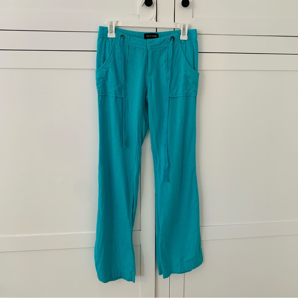 New Look Turqiouse Blue Linen Low Rise  Straight Pants Size Small Beach